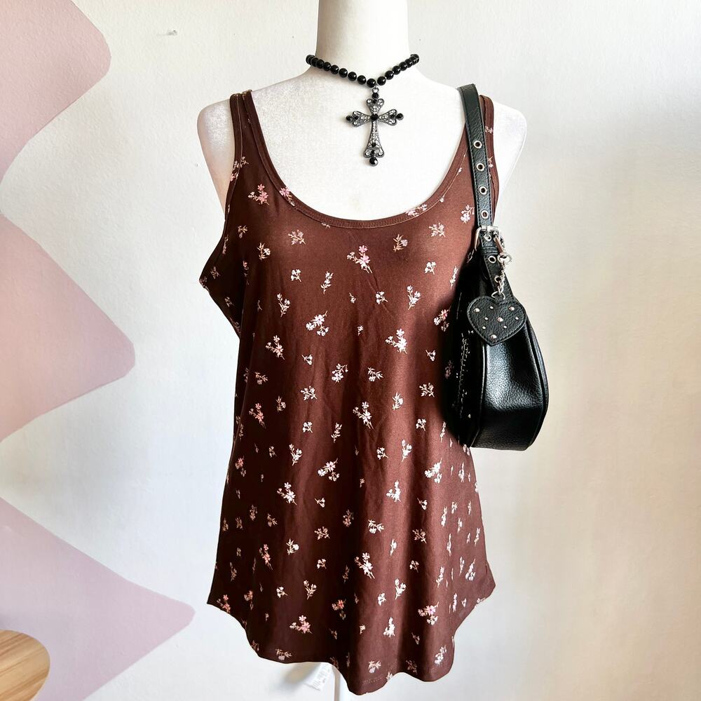 Brown Ditsy Floral Tank‎ Top, Cottagecore, Soft Girl, Y2K, 90s, Vintage, XXL